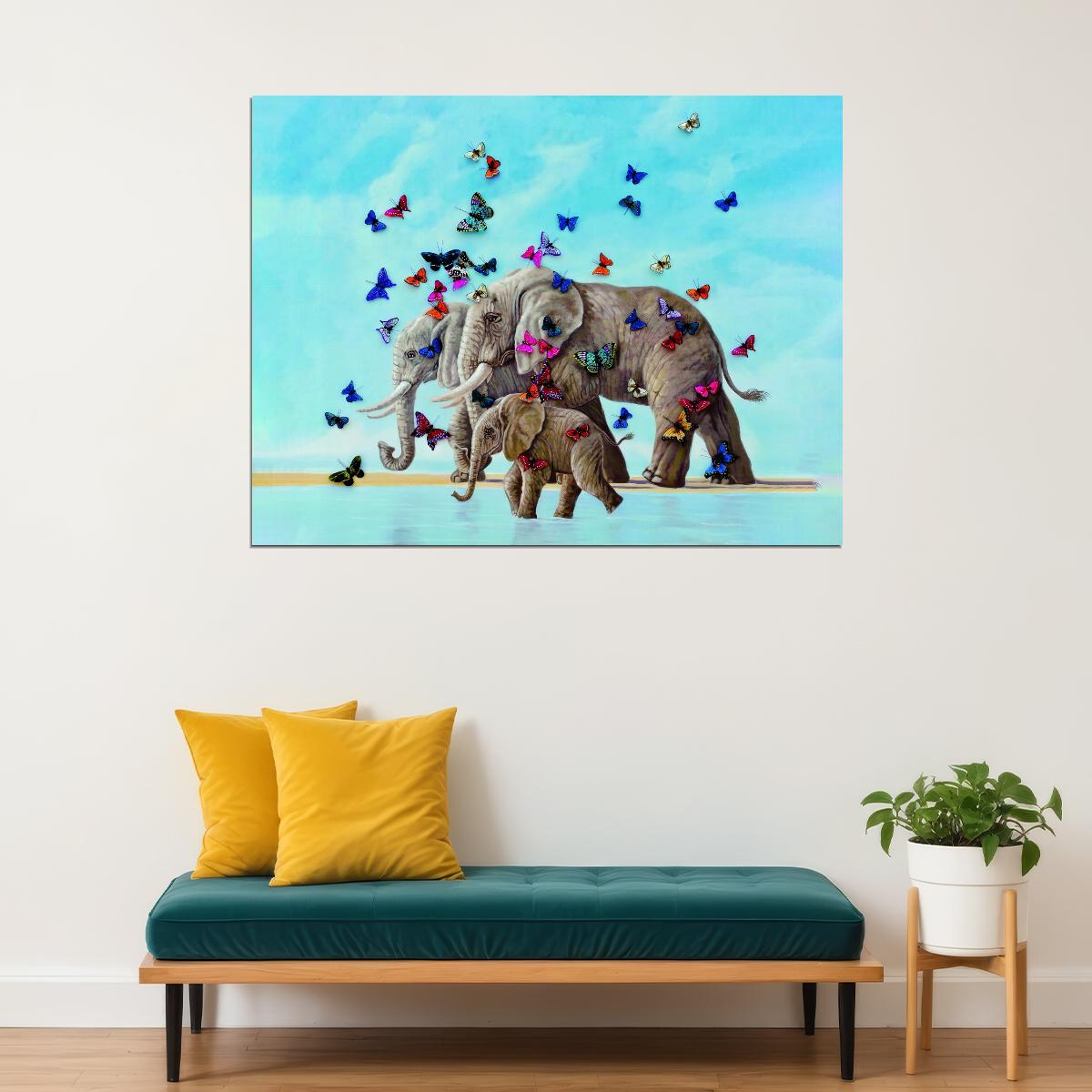 Elephants Family With Butterflies Walks On The Sand At Sea Animal Art Poster - xonomax