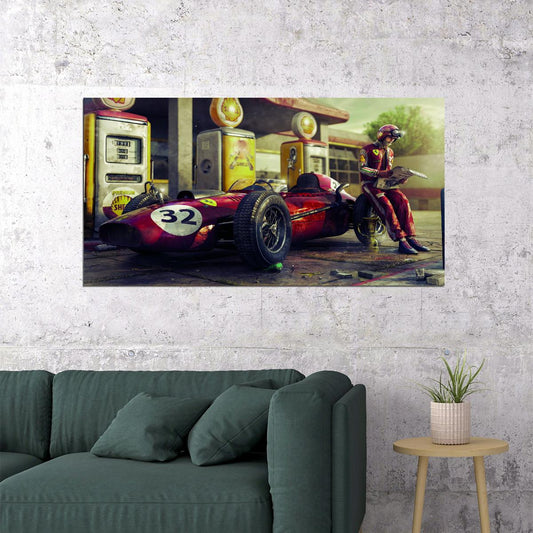 Vintage Sportcar Red Ferrari On Gas Station 60s With Driver Poster - xonomax