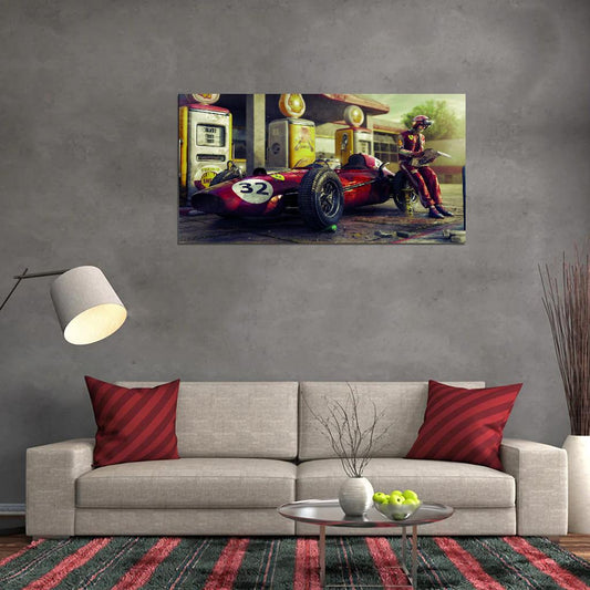 Vintage Sportcar Red Ferrari On Gas Station 60s With Driver Poster - xonomax