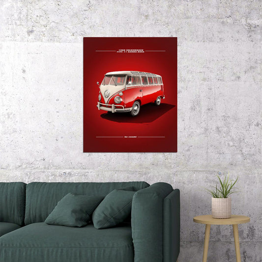 1966 Volkswagen Type 1 Samba Bus Poster - Classic Red and White Design - xonomax