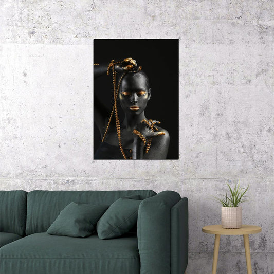 African Girl Art Black And Gold Posters Holding Golden Jewelry Black Women - xonomax