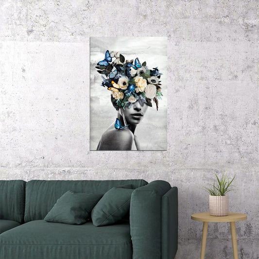 Poster Girl With Flowers And Blue Butterflies Painting Garden of Thoughts - xonomax