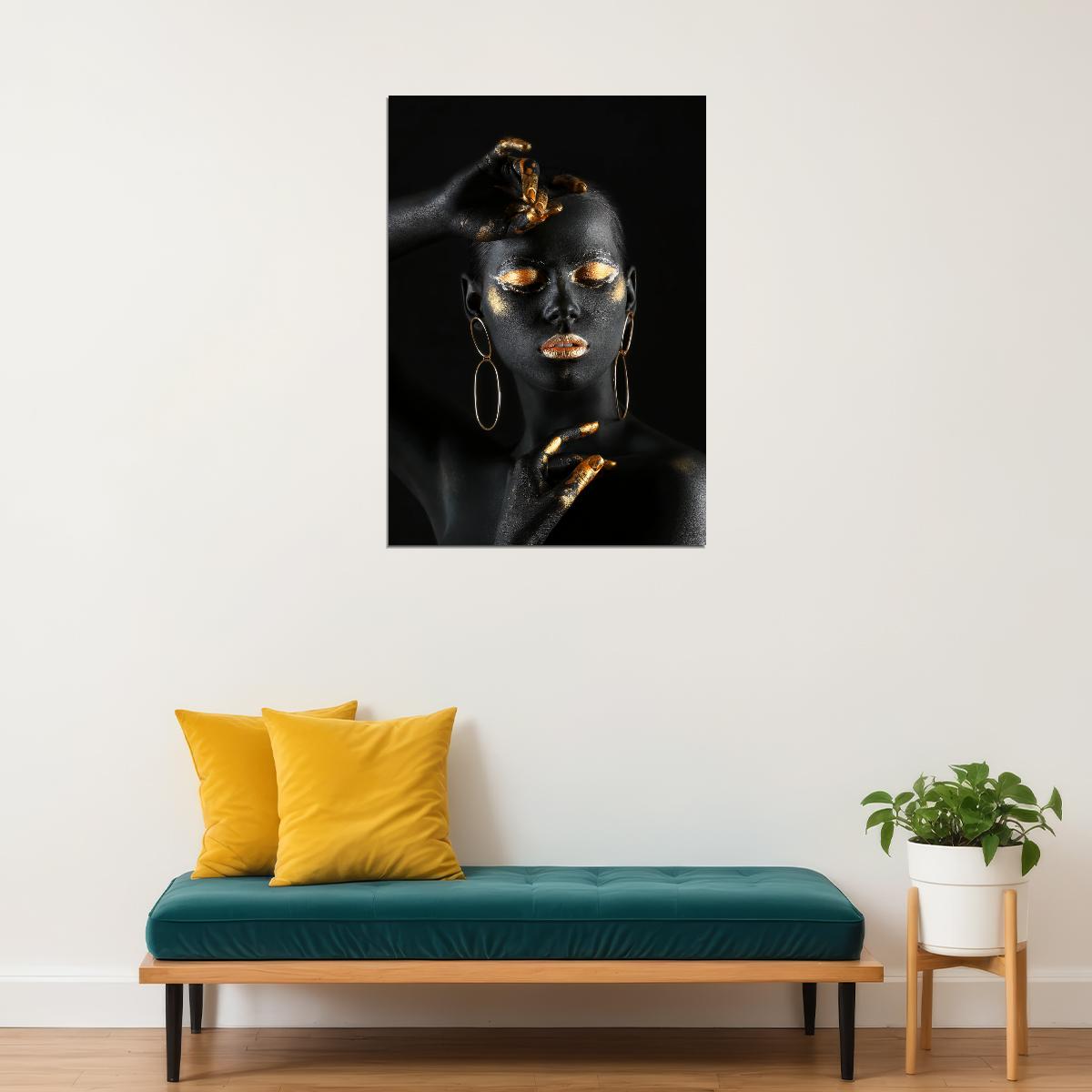 Black Nude African Woman Poster With Golden Finger And Lips Wall Art - xonomax