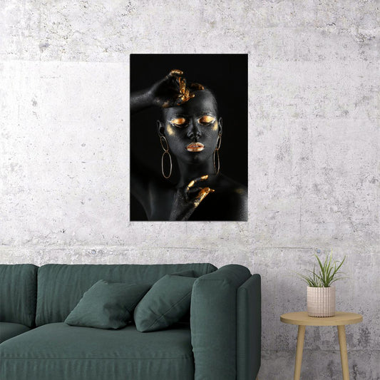 Black Nude African Woman Poster With Golden Finger And Lips Wall Art - xonomax