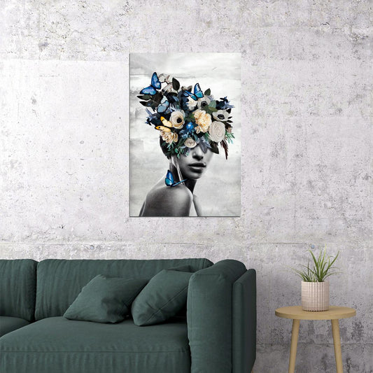 Poster Girl With Flowers And Blue Butterflies Painting Garden of Thoughts - xonomax