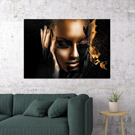 Abstract Girl Poster Golden Fashion Gold Fingers Face Women Wall Art - xonomax