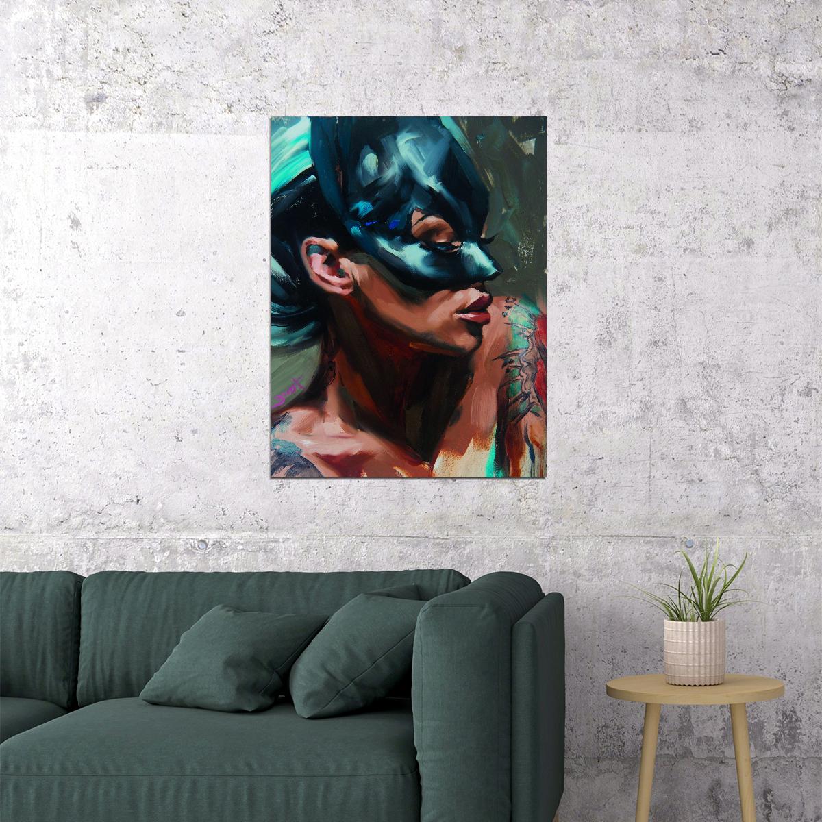 Cat Girl Poster Interior Black Painting Large Oil Tattoo Wall Art - xonomax