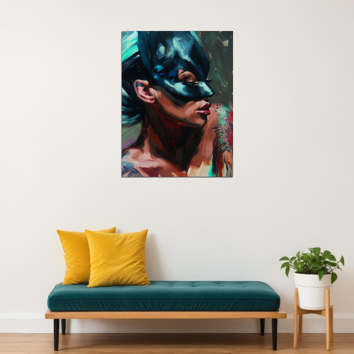 Cat Girl Poster Interior Black Painting Large Oil Tattoo Wall Art - xonomax