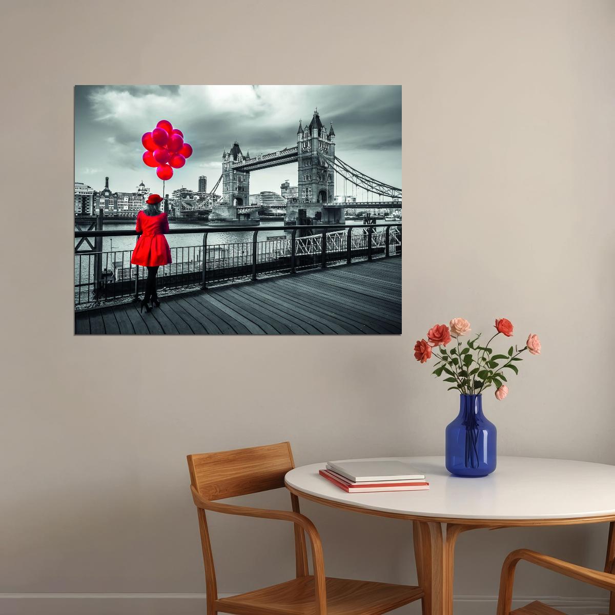 Red Dress Woman Poster Red Balloon Black White Bridge Modern Art Painting - xonomax