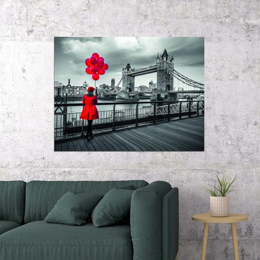 Red Dress Woman Poster Red Balloon Black White Bridge Modern Art Painting - xonomax