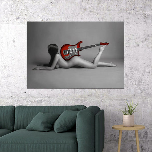 Sexy Nude Poster Woman Red Guitar Painting Black and White Girl Wall Art - xonomax