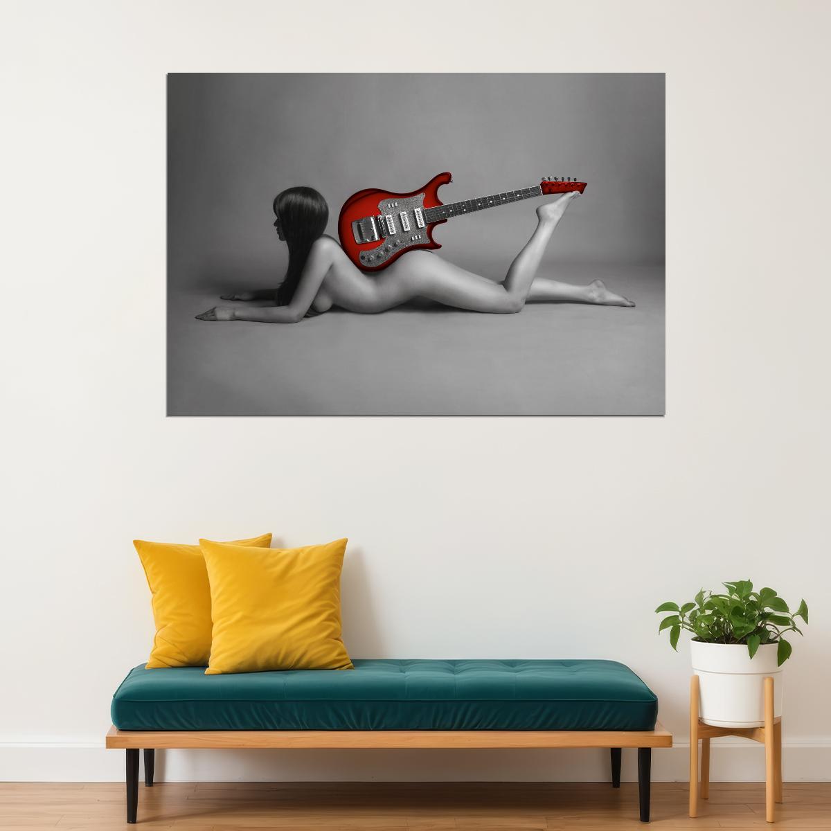 Sexy Nude Poster Woman Red Guitar Painting Black and White Girl Wall Art - xonomax