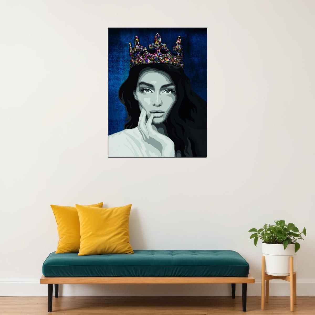 Painting Queen Poster Woman Colorful Crown Blue Artwork Girl Wall Art - xonomax