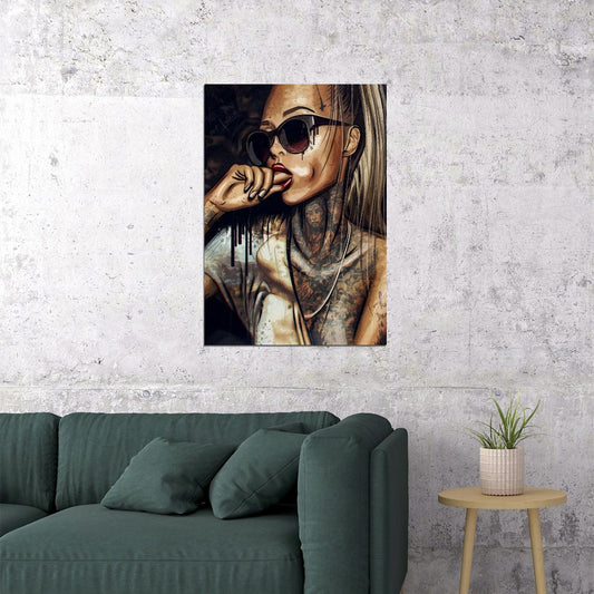 Abstract Cool Sexy Girl Tattoo Pop Art Poster Wear Glasses Women Wall Art - xonomax