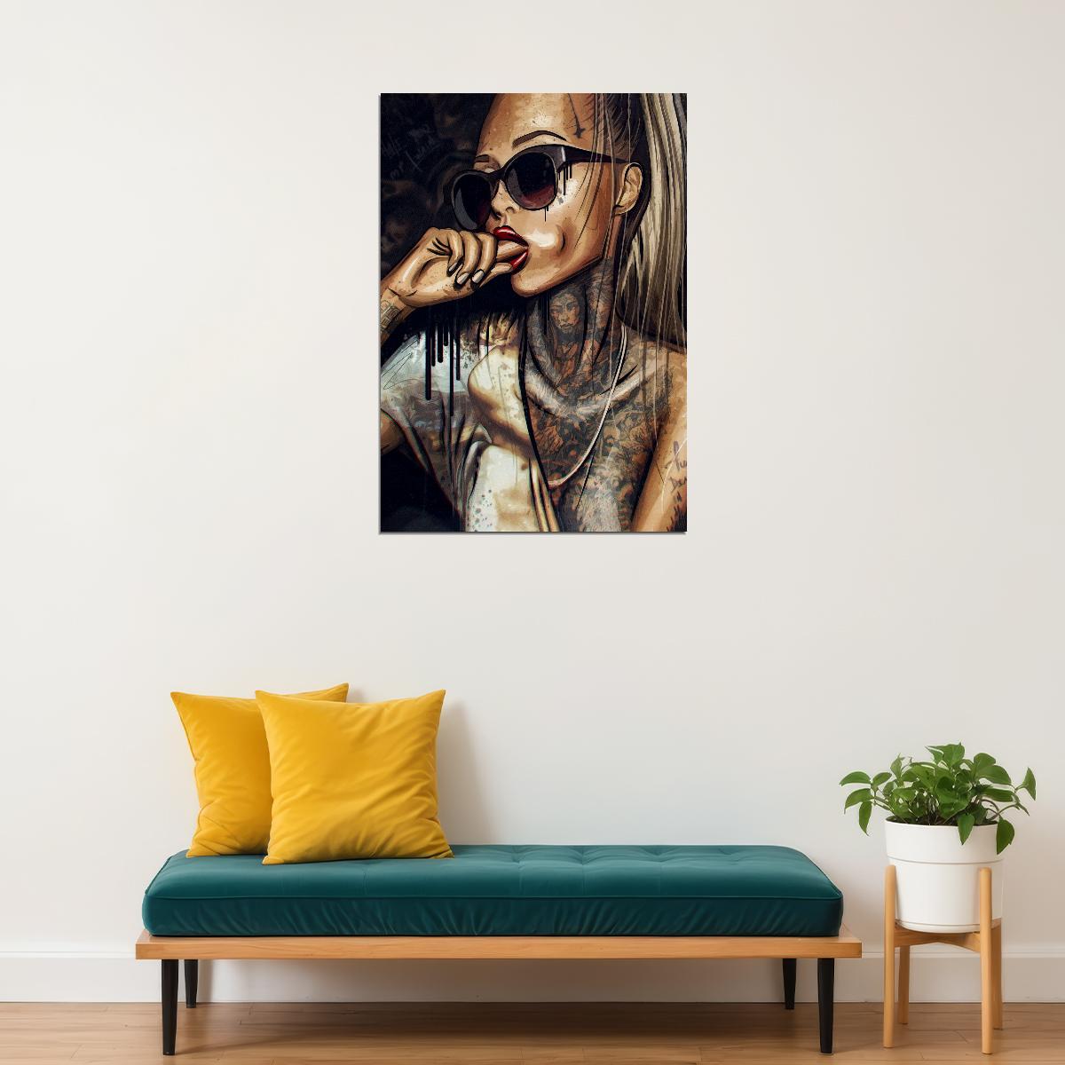 Abstract Cool Sexy Girl Tattoo Pop Art Poster Wear Glasses Women Wall Art - xonomax