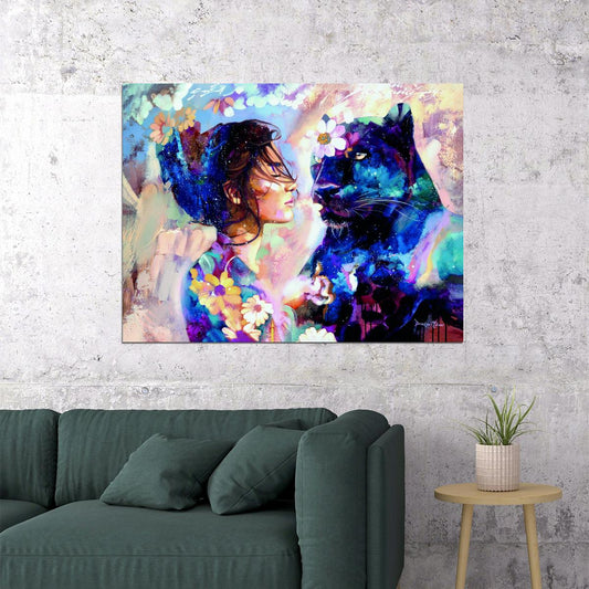 Abstract Painting Girl Cougar Poster Flowers Print Watercolor Woman Animals Wall Art - xonomax