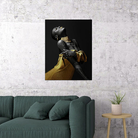African Black Woman Poster Painting Print Modern Golden Jewelry Yellow Dress Wall Art - xonomax
