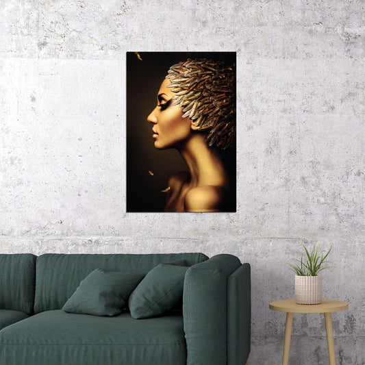 Girl With Golden Feathers Hairstyle Poster Women Artwork Nude Sexy Style Wall Art - xonomax