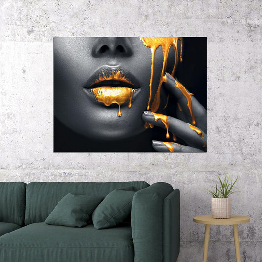 Black African Woman Poster Golden Lips Portrait Pictures Wall Art Black and White - xonomax