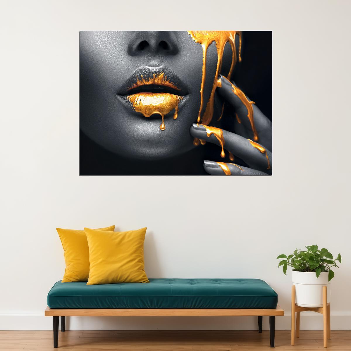 Black African Woman Poster Golden Lips Portrait Pictures Wall Art Black and White - xonomax