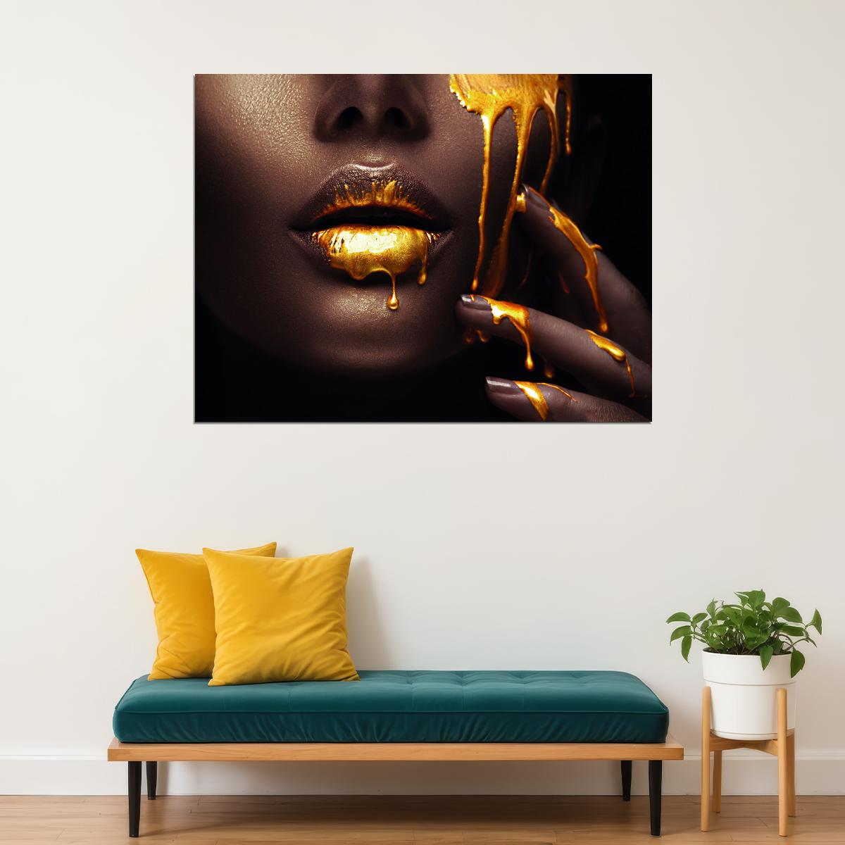 Black African Woman Poster Golden Lips Portrait Pictures Wall Art Painting - xonomax