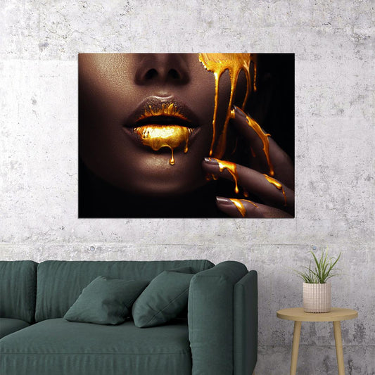 Black African Woman Poster Golden Lips Portrait Pictures Wall Art Painting - xonomax
