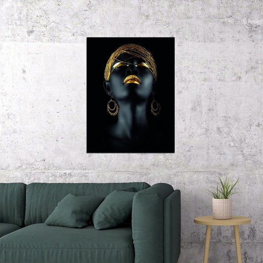 Black Woman Golden Headdress Poster African Style Painting Poster Print Girl Wall Art - xonomax
