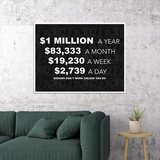 1 Million Dollars A Year Poster Motivational Inspirational Wall Art Success Millionaire Goal - xonomax