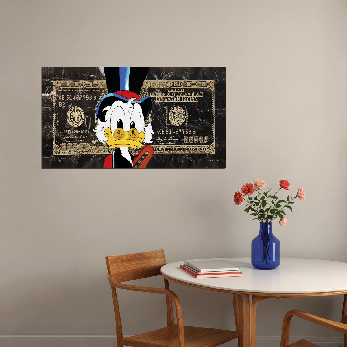 One Hundred Dollar Cartoon Duck Poster Eyes As Bucks Dollar Bill Wall Art - xonomax