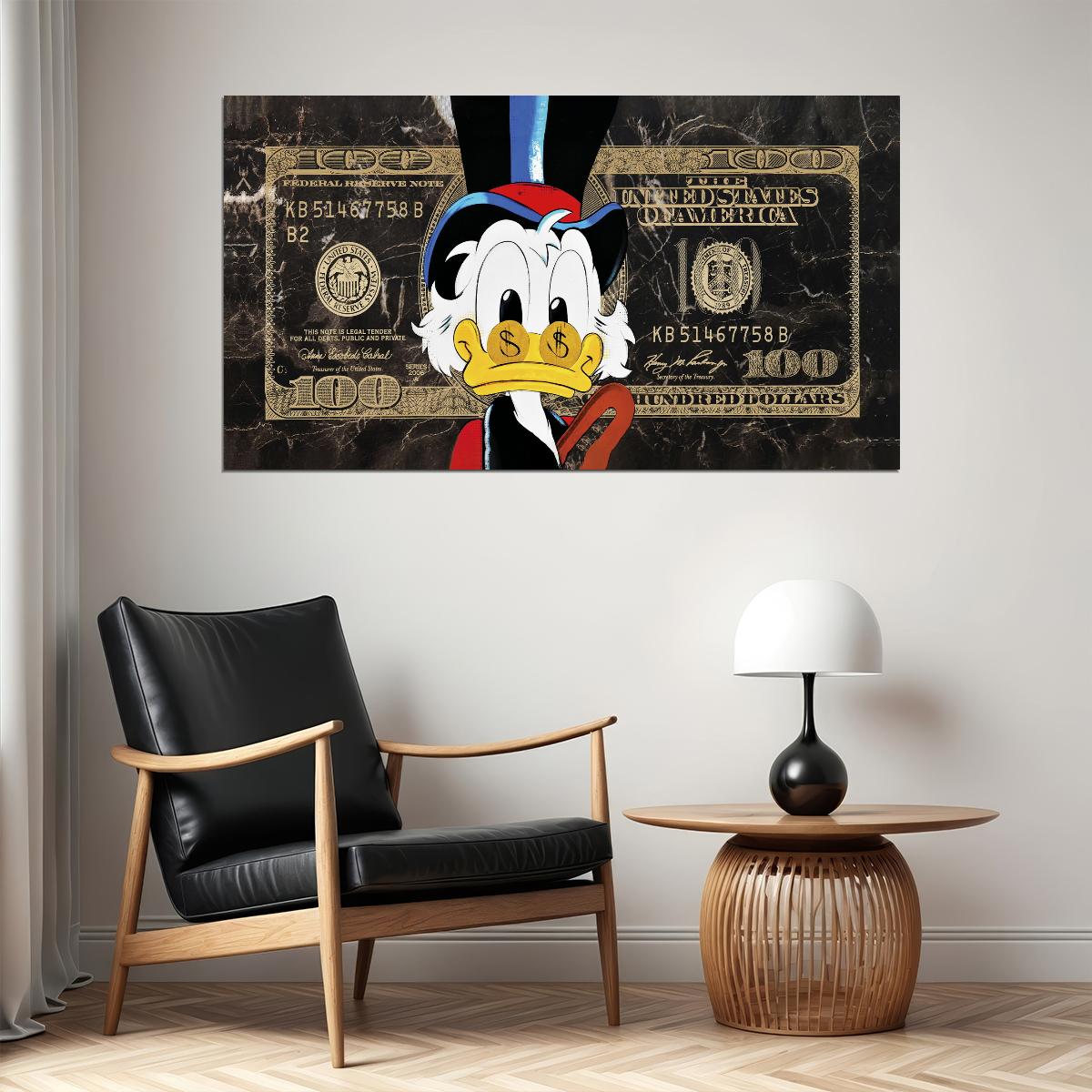 One Hundred Dollar Cartoon Duck Poster Eyes As Bucks Dollar Bill Wall Art - xonomax