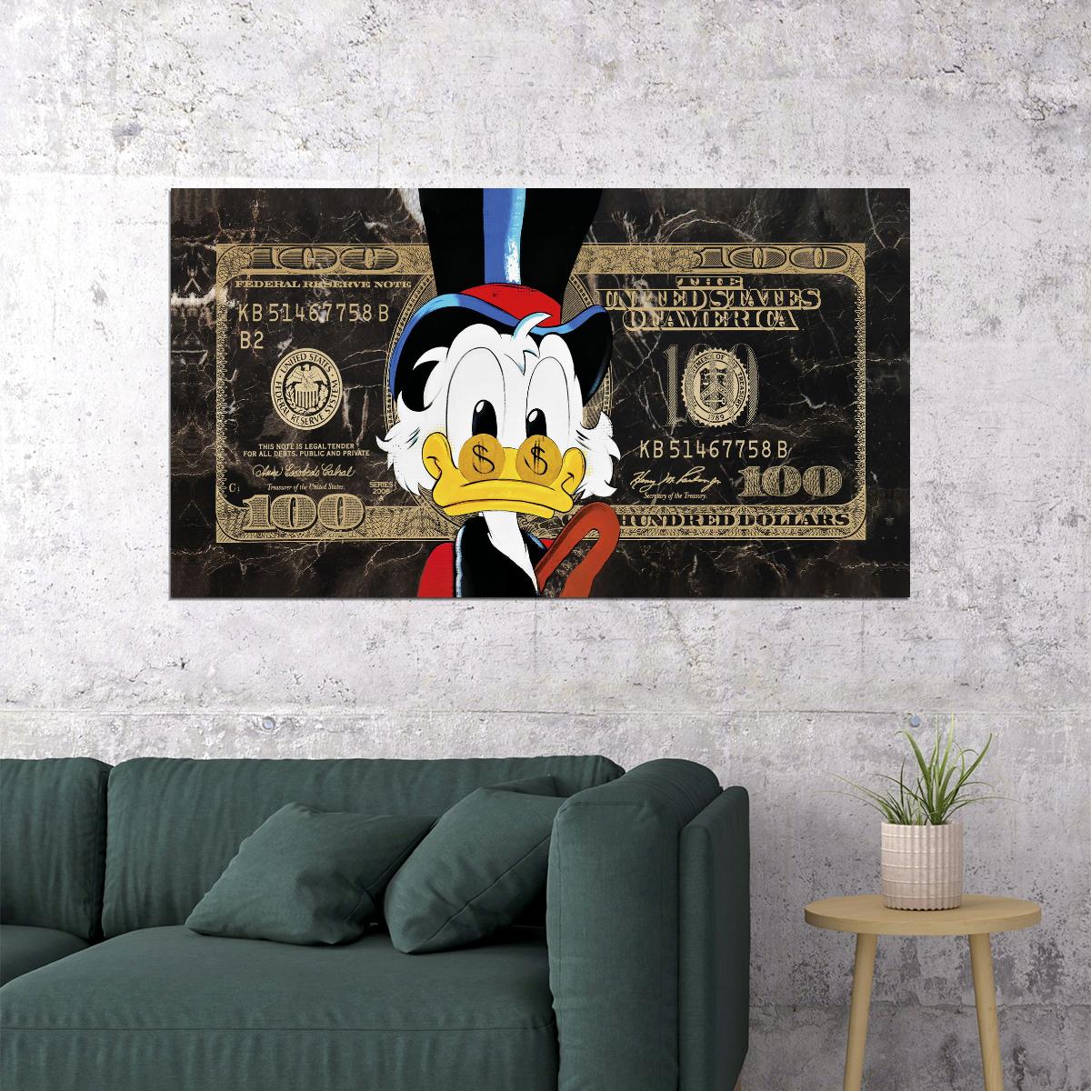 One Hundred Dollar Cartoon Duck Poster Eyes As Bucks Dollar Bill Wall Art - xonomax
