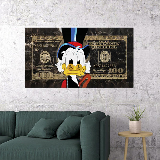 One Hundred Dollar Cartoon Duck Poster Eyes As Bucks Dollar Bill Wall Art - xonomax