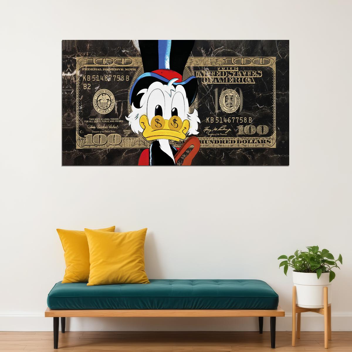 One Hundred Dollar Cartoon Duck Poster Eyes As Bucks Dollar Bill Wall Art - xonomax