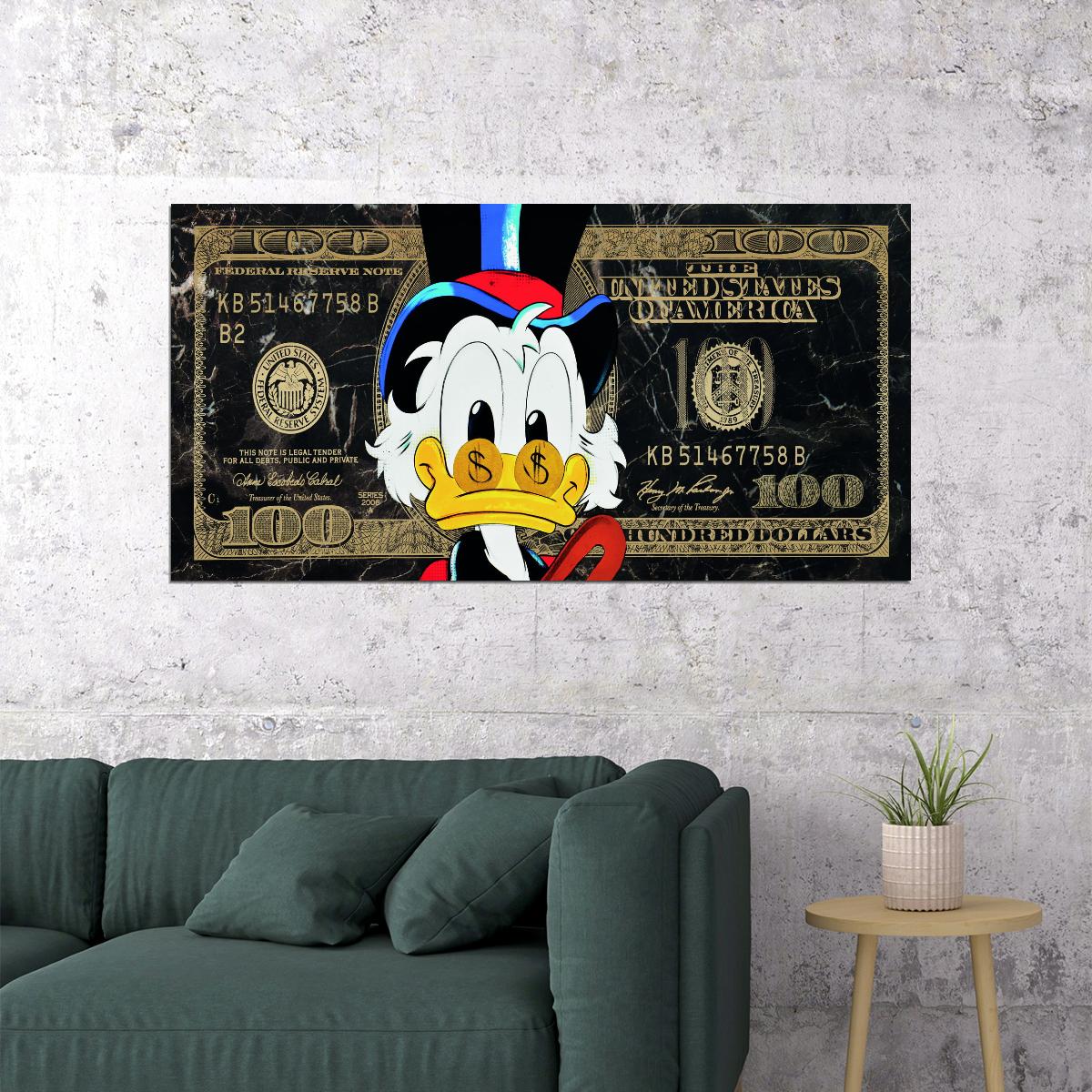 Scrooge McDuck Dollar Bill Pop Art Poster Graffiti Street Art Wealth Cartoon Modern Money Print