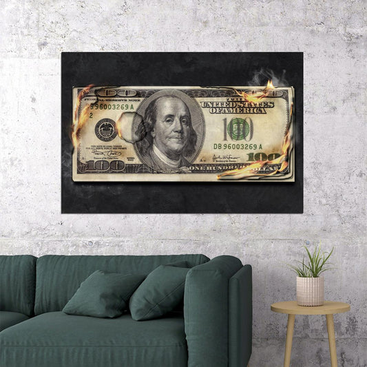 Burning Hundred Dollar Bill Pop Art Poster Graffiti Street Art Financial Revolution Modern Print - xonomax