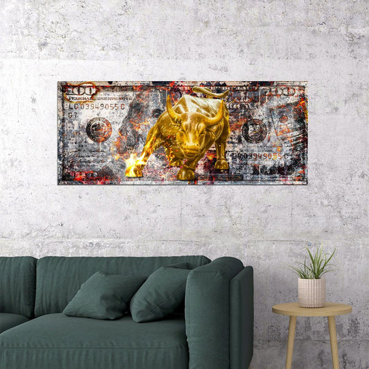 Golden Bull Money Pop Art Poster Graffiti Street Art Dollar Bill Wall Street Finance Modern Print - xonomax
