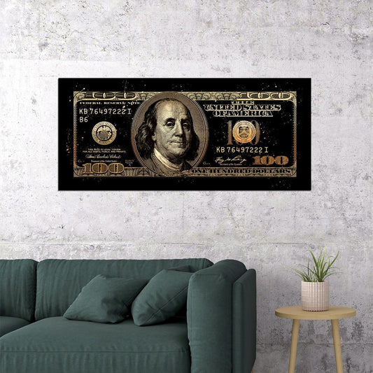 Benjamin Franklin Gold Pop Art Poster Dollar Bill Graffiti Street Art Money Modern Rich Print - xonomax
