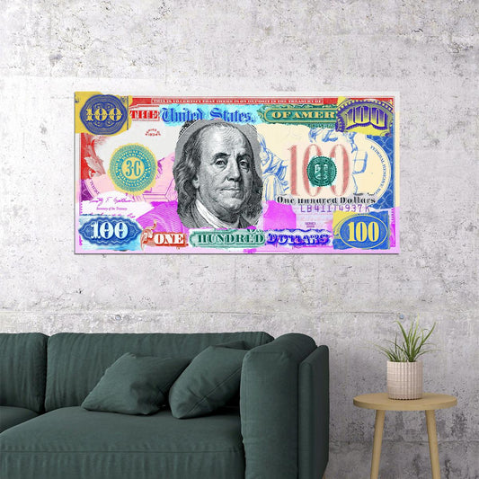 Colorful Dollar Bill Pop Art Poster Graffiti Street Art Benjamin Franklin Artistic Money Design Print - xonomax