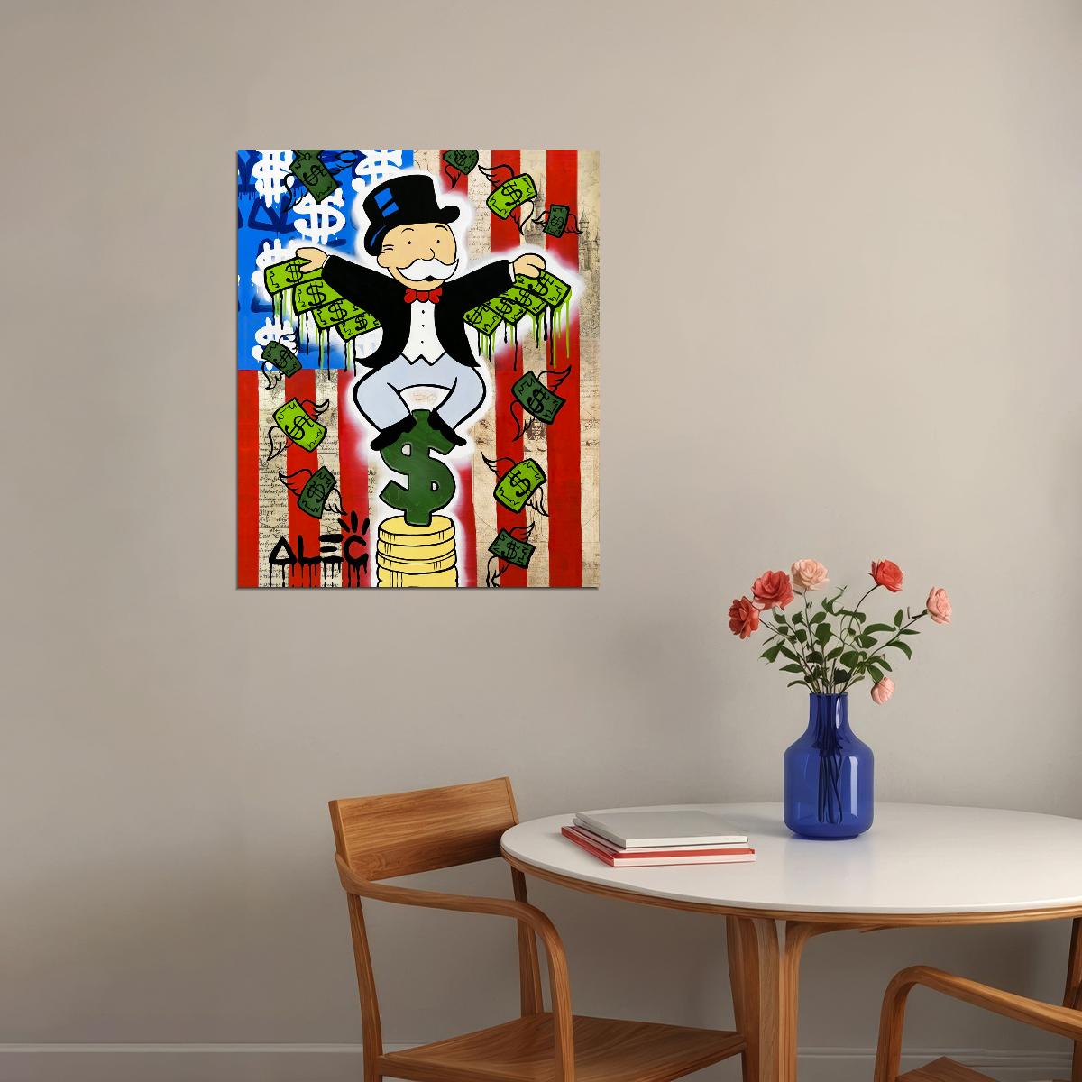 Monopoly Money Rain Pop Art Poster Graffiti Street Art Cartoon Character Wealth Success Modern Print - xonomax