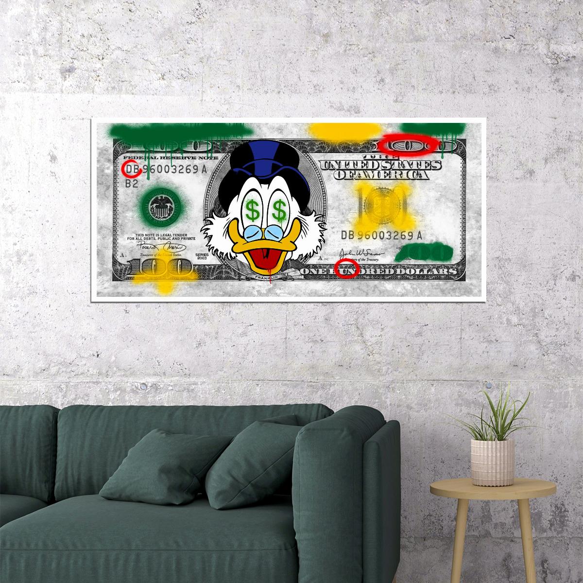 Scrooge McDuck Money Bill Pop Art Poster Graffiti Street Art Dollar Cartoon Wealth Artistic Fun Print