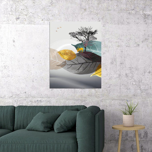 Scandinavian Style Nature Landscape Poster Minimalist Tree and Leaves Nordic Boho Art Modern Wall Decor Print - xonomax