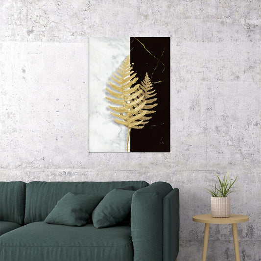 Golden Fern Botanical Art Poster Elegant Black and White Minimalist Nature Print Modern Luxury Wall Decor - xonomax