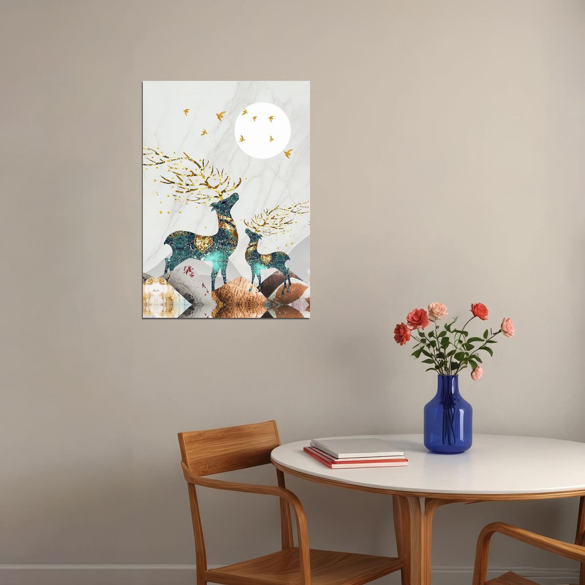Nordic Abstract Gold Elk Scandinavian Deer and Moon Poster Boho Nature Art Mystical Forest Nordic Wall Decor Print - xonomax