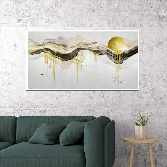 Golden Mountain Landscape Poster Abstract Nature Art Modern Minimalist Wall Decor Luxury Aesthetic Print - xonomax