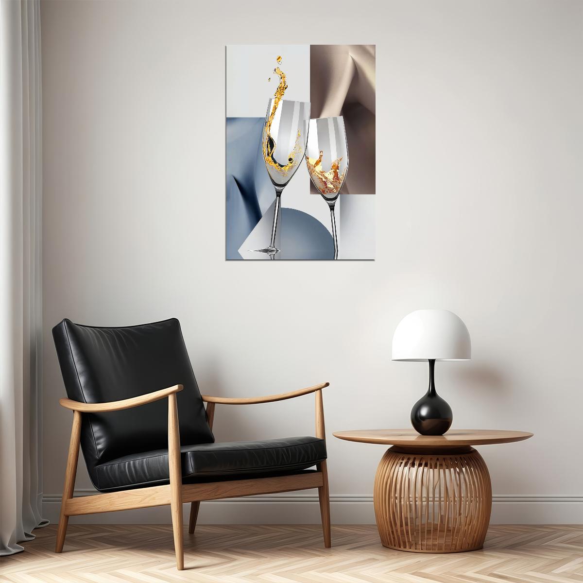 Luxury Champagne Glasses Poster Elegant Abstract Wine Geometric Kitchen Cafe Restaurant Splash Art Modern Minimalist Wall Decor Print