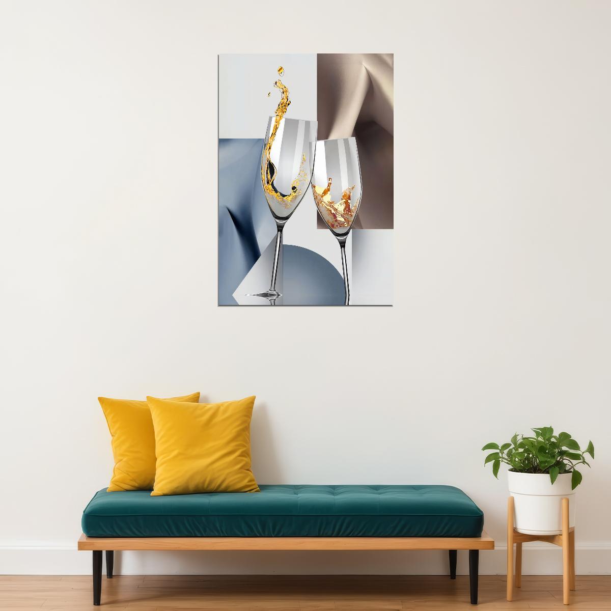 Luxury Champagne Glasses Poster Elegant Abstract Wine Geometric Kitchen Cafe Restaurant Splash Art Modern Minimalist Wall Decor Print