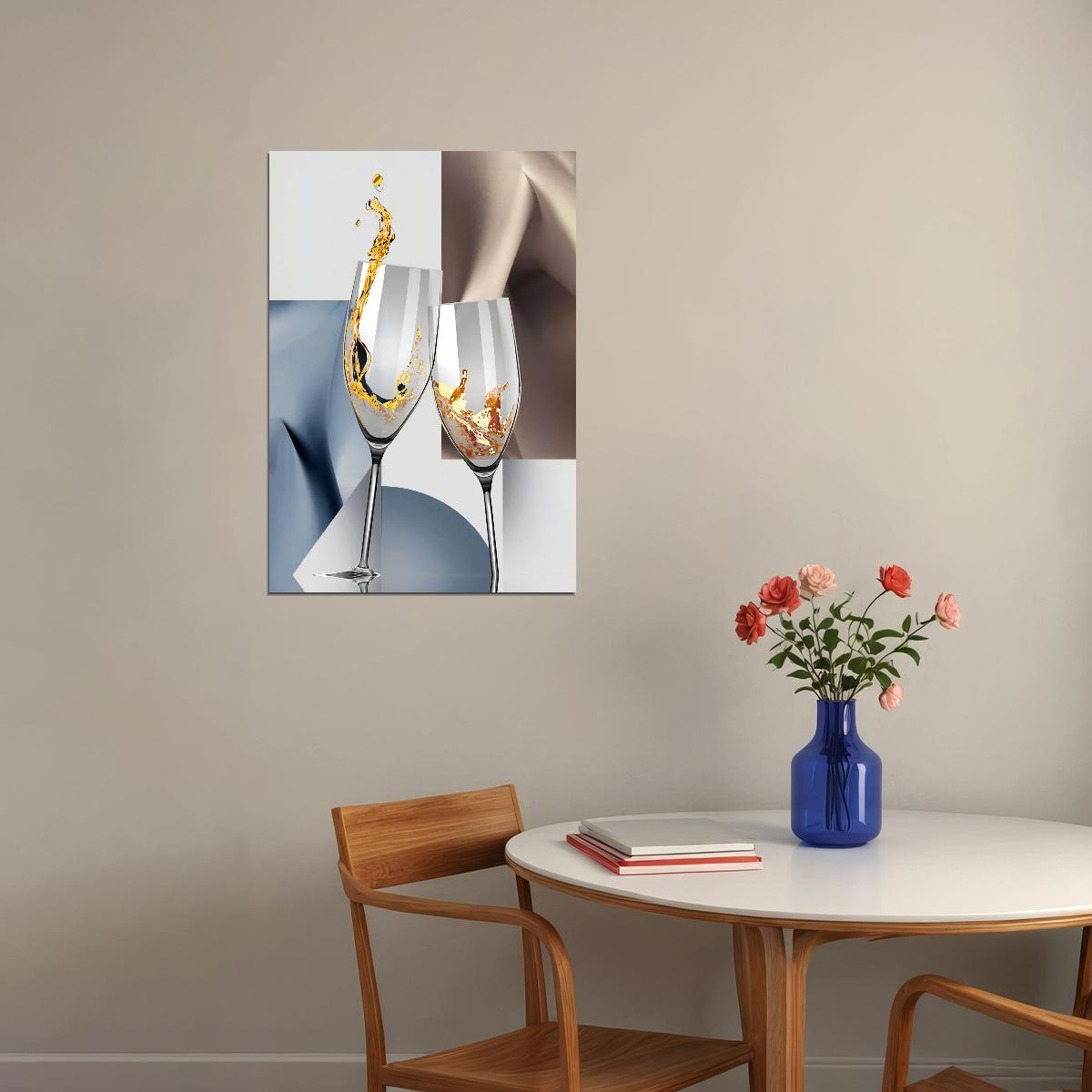 Luxury Champagne Glasses Poster Elegant Abstract Wine Geometric Kitchen Cafe Restaurant Splash Art Modern Minimalist Wall Decor Print