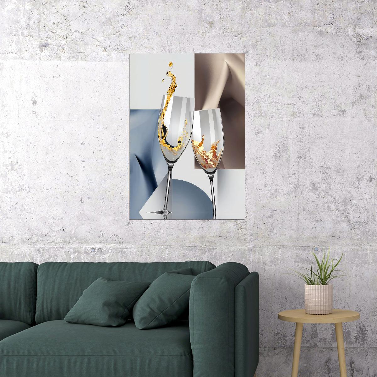 Luxury Champagne Glasses Poster Elegant Abstract Wine Geometric Kitchen Cafe Restaurant Splash Art Modern Minimalist Wall Decor Print