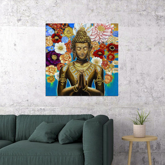 Golden Buddha with Flowers Poster Spiritual Zen Art Colorful Asian Culture Wall Decor Print - xonomax