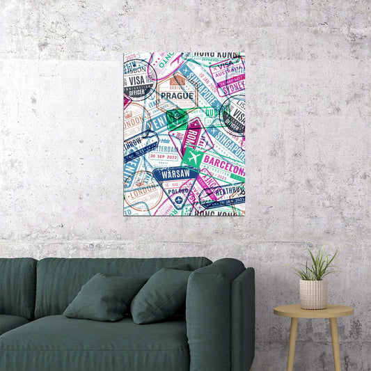 Travel Stamps Poster Colorful Adventure Collage World Destinations Vintage Wall Decor Print - xonomax